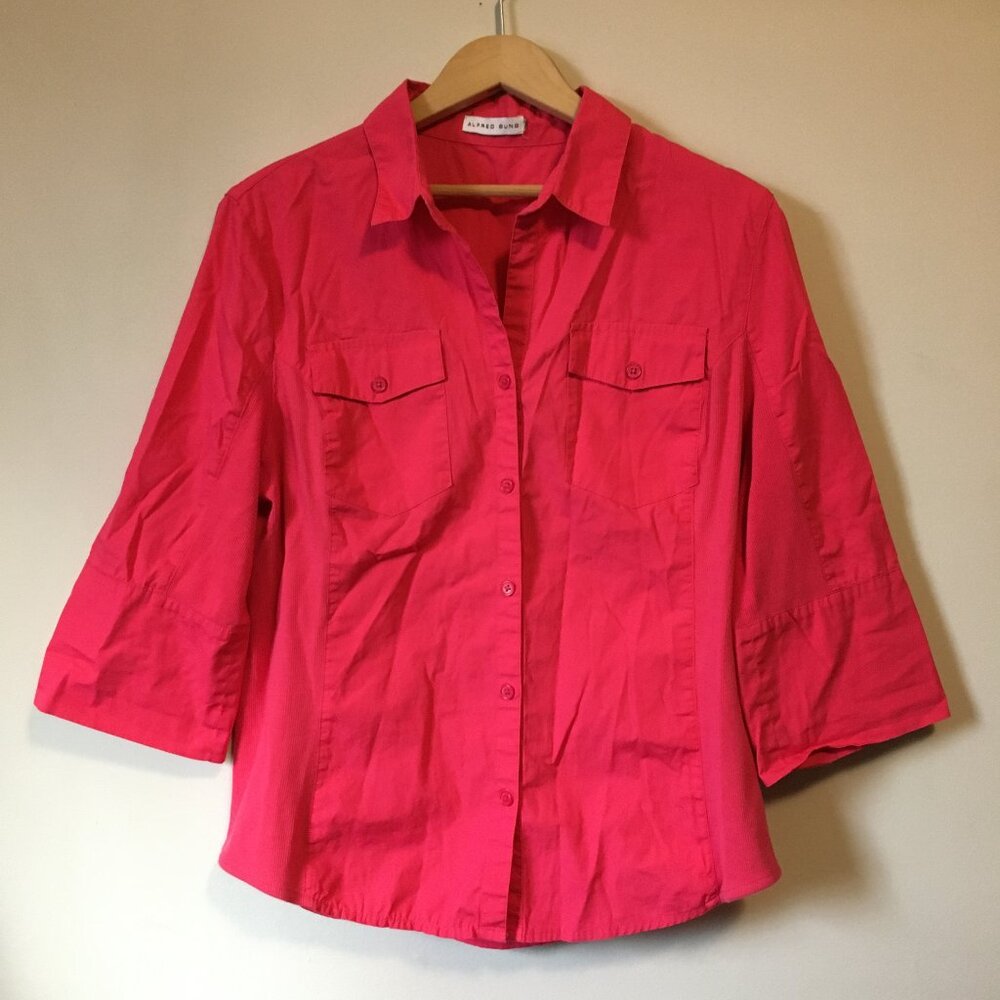Alfred Sung Hot Pepper Pink Cotton Button Down 3/4 Flare Sleeve Shirt Large